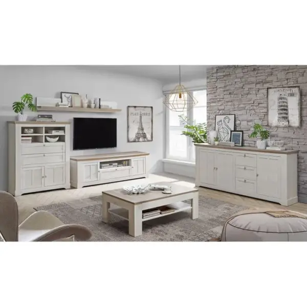 Buffet Haut 2 Portes 2 Tiroirs 4 Niches Décor Chêne Blanchi - Angele