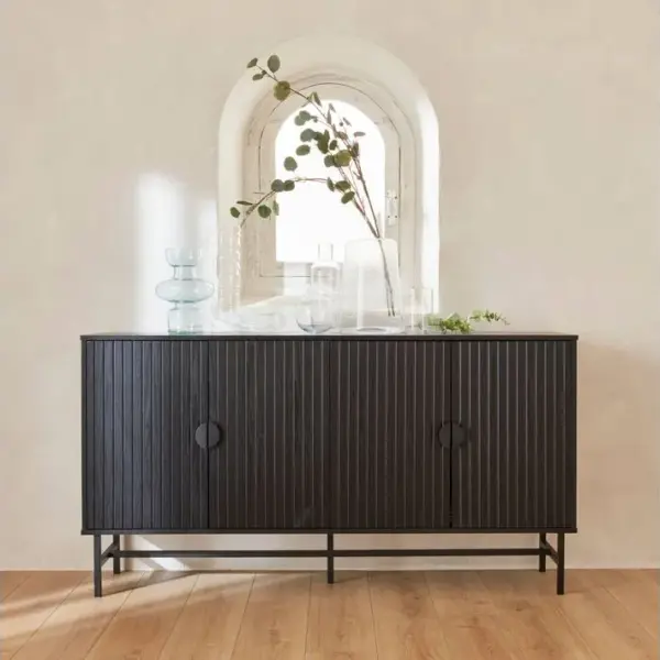 Buffet De Rangement Noir. Bazalt. Quatre Portes. Deux Étagères. Buffet Haut. Vaisselier. L 157.5 X