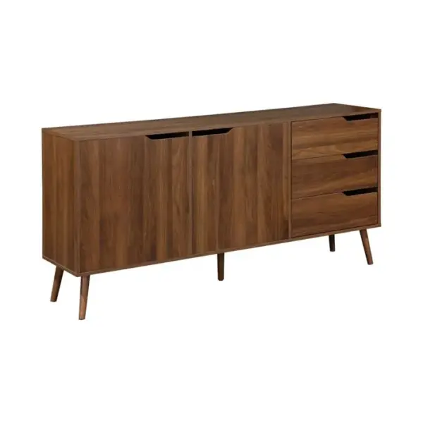 Buffet De Rangement Scandinave. Buffet Haut. Vaisselier. 2 Portes. 3 Tiroirs. Décor Bois De Noyer.