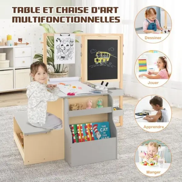 2 En 1 Bureau Enfants En Bois Avec Banc Et Etagères,chevalet Magnétique Pour Enfants(gris)