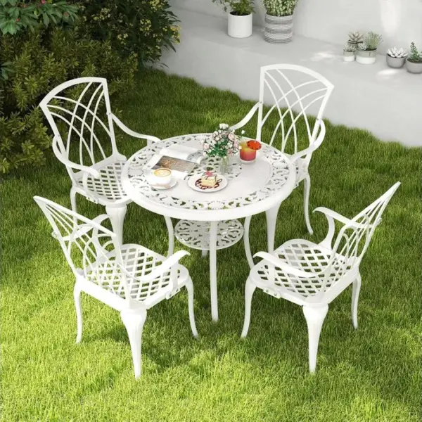 Ensemble Bistrot Pour Patio 5 Pièces En Fonte Daluminium, Table Ronde Avec Trou Pour Parasol,blanc