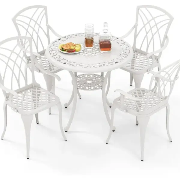 Ensemble Bistrot Pour Patio 5 Pièces En Fonte Daluminium, Table Ronde Avec Trou Pour Parasol,blanc