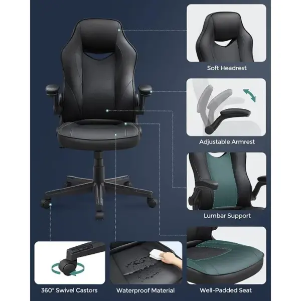 Fauteuil Gamer, Siège Ergonomique Pivotant, Avec Accoudoirs Rabattables, Noir