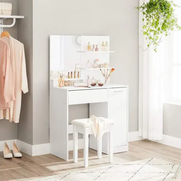 Coiffeuse Blanche Avec 1 Tiroir, 2 Étagères Et Armoire De Rangement