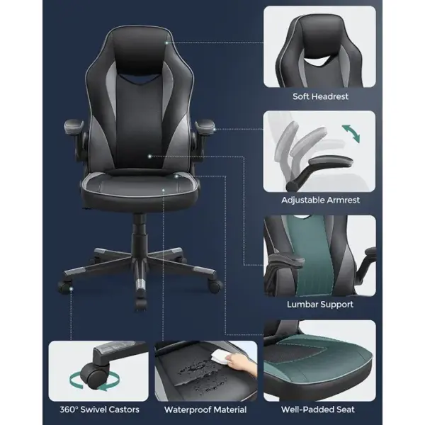 Fauteuil Gamer, Siège Ergonomique Pivotant, Avec Accoudoirs Rabattables, Noir Et Gris