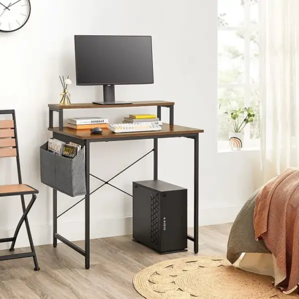 Bureau Informatique, Avec Avec Support Écran, Sac De Rangement En Tissu, Marron Rustique Et Noir