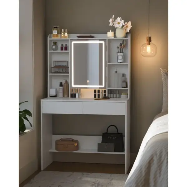 Coiffeuse Avec Miroir LED, 2 Tiroirs, Style Moderne, Étagère De Rangement Réglable, Blanc