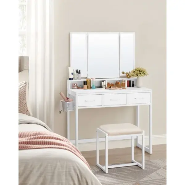 Coiffeuse Avec Tabouret, Miroir Triple, 3 Tiroirs, Porte-sèche-cheveux, Pot, Style Moderne, Blanc