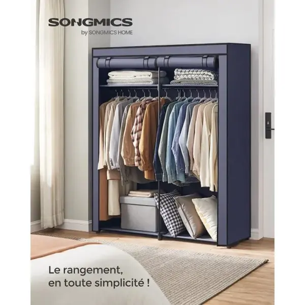 Armoire Chambre, Penderie Avec 2tringles, Porte-vêtements, Housse En Tissu, 43x140x174cm, Bleu Foncé