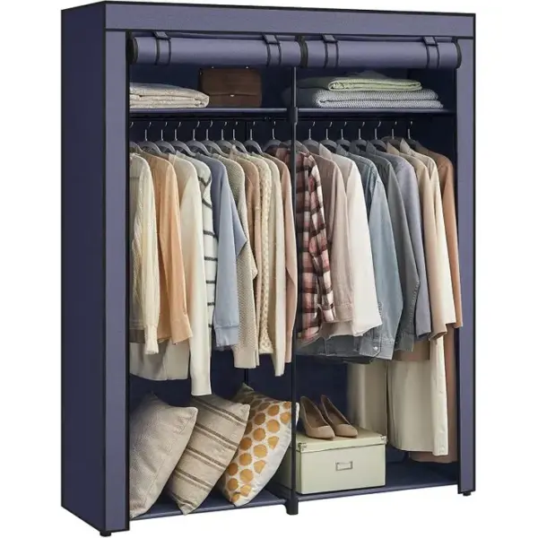 Armoire Chambre, Penderie Avec 2tringles, Porte-vêtements, Housse En Tissu, 43x140x174cm, Bleu Foncé