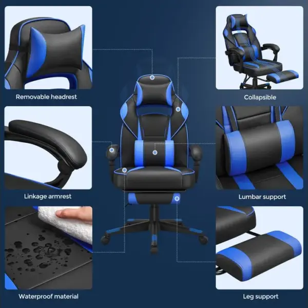 Fauteuil Gamer, Chaise Gaming, Siège De Bureau Réglable, Charge 150 Kg, Noir Et Bleu