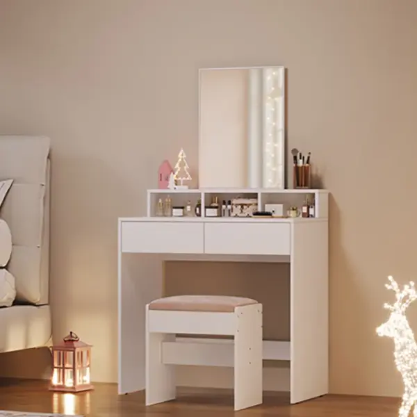 Coiffeuse Avec Miroir, 2 Tiroirs, 3 Compartiments De Rangement, Sans tabouret, Style Moderne, Blanc