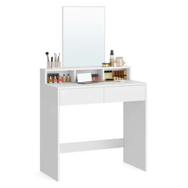 Coiffeuse Avec Miroir, 2 Tiroirs, 3 Compartiments De Rangement, Sans tabouret, Style Moderne, Blanc