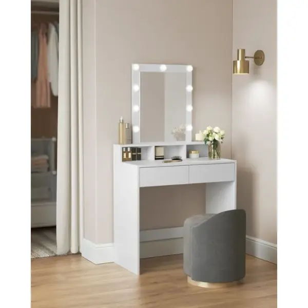 Coiffeuse Adulte Avec Miroir Et Ampoules, 2 Tiroirs, 3 Compartiments De Rangement, Blanc