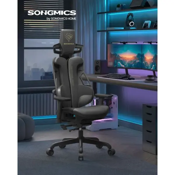 Fauteuil Gaming, Hauteur Réglable, Imitation Fibre De Carbone, Dossier Inclinable, Noir Encre