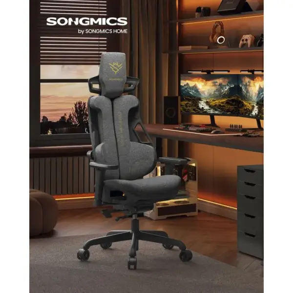 Fauteuil Gaming, Hauteur Réglable, Imitation Fibre De Carbone, Dossier Inclinable, Gris Tourterelle