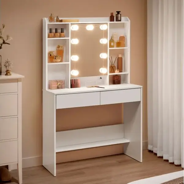 Coiffeuse Avec 9 Lumières LED, 3 Tonalités Et Luminosité Réglable, Étagères Réglables, Blanc Nuage