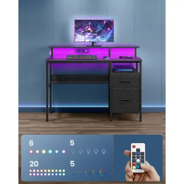 Bureau Gaming Avec Lumières Led Et Multiprise,avec Support Décran, 2 Tiroirs, 2 Ports Usb, Noir