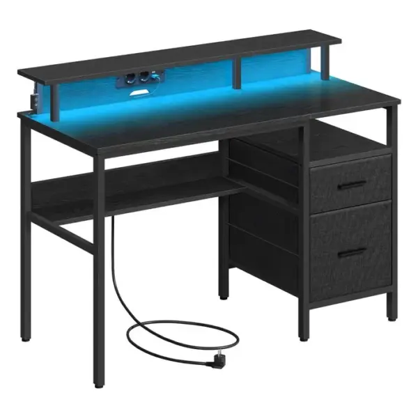 Bureau Gaming Avec Lumières Led Et Multiprise,avec Support Décran, 2 Tiroirs, 2 Ports Usb, Noir