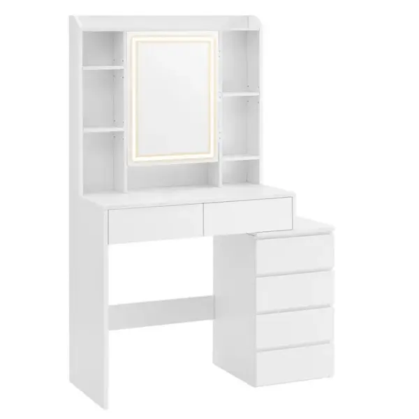 Coiffeuse Avec Un Grand Miroir LED à Luminosité Réglable, 6 Tiroirs - 97.5x40x145 Cm - Blanc