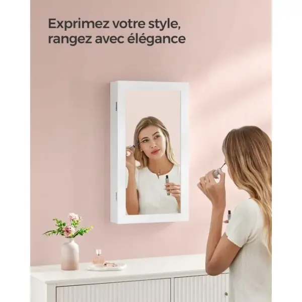 Armoire à Bijoux Murale, Verrouillable, Avec Miroir, Surface En Blanc Et Doublure En Grège