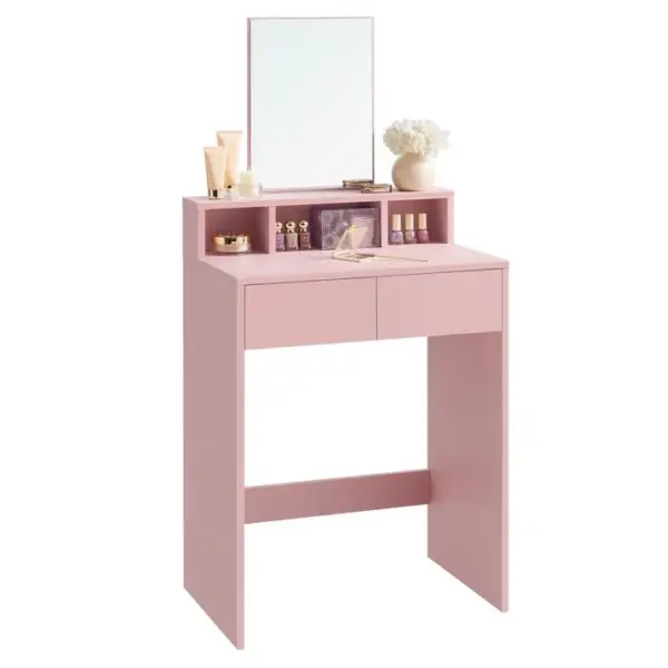 Coiffeuse Avec Grand Miroir, Table De Maquillage, Avec 2 Tiroirs Et 3 Compartiments, Rose Bonbon