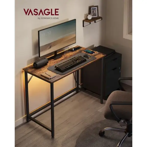 Bureau Informatique Lumières LED, Multiprises Intégrées, Marron Rustique Et Noir Dencre