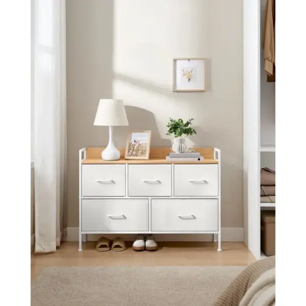 Commode Pour Chambre, 5 Tiroirs En Tissu Avec Poignées, Cadre En Acier, Blanc Nuage Et Beige Chêne