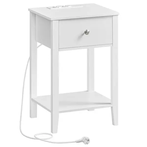 Table De Chevet En Bambou Avec Station De Recharge, 2 Ports Usb-a, 2 Prises Ca, Minimaliste, Blanc