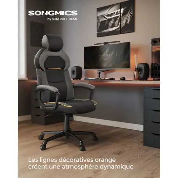 Fauteuil Gaming, Réglable En Hauteur, Surface En Pu Et Coton-lin, Charge 150 Kg, Noir Classique