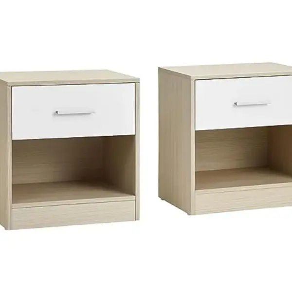 Lot de 2 Tables de Chevet avec tiroir, compartiment ouvert, 39 x 28 x 41 cm, Beige Naturel et Blanc