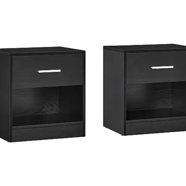 Lot de 2 Tables de Chevet avec tiroir, poignée, compartiment ouvert, 39 x 28 x 41 cm, Noir Classique