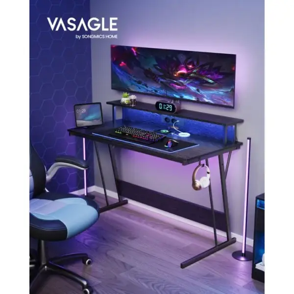 Bureau Gaming Avec LED Et Multiprise, Pour 2 Ordinateurs, Pour Chambre, 60 X 120 X 75 Cm, Noir Boisé