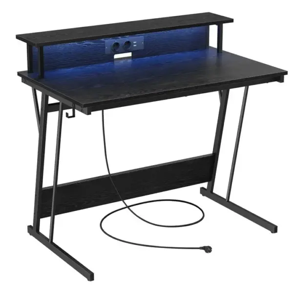 Bureau Gaming Avec LED Et Multiprise, Bureau Informatique Avec Rehausseur D?écran, Noir Boisé