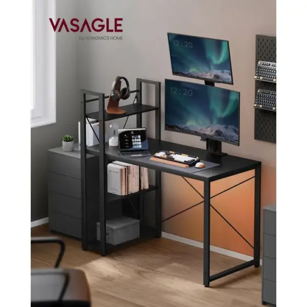 Bureau Avec Étagères Réversible à Gauche Ou à Droite, Longueur 120 Cm, Noir Boisé