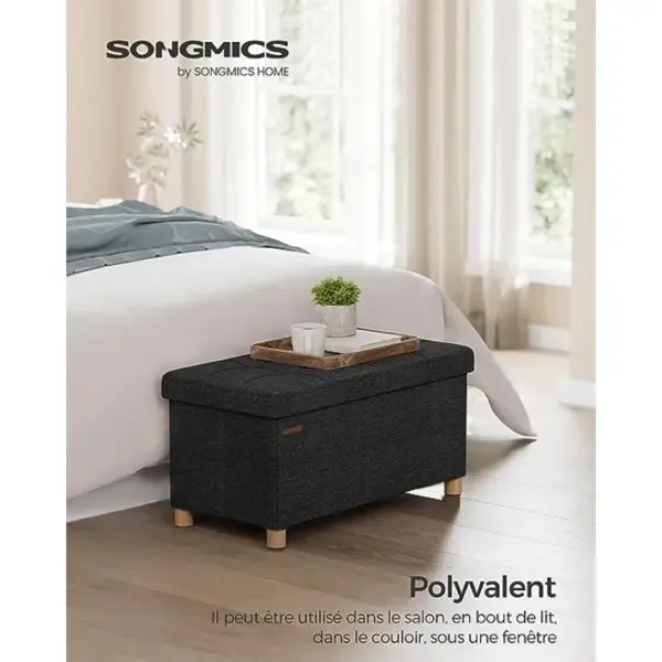 Pouf, Tabouret Avec Repose-pieds, Pliable, Banc Avec Rangement, 38 X 76 X 40 Cm, Noir