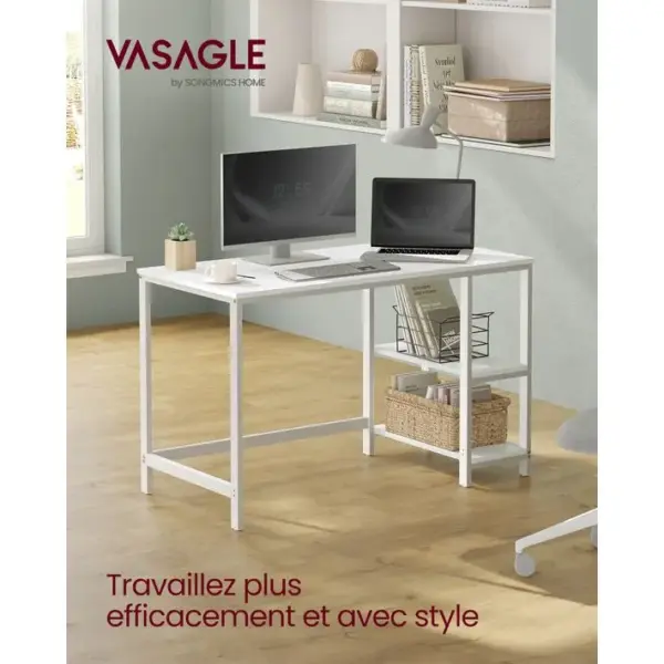 Bureau Avec Rangement, Avec 2 Étagères Réversibles, Poste De Travail, Cadre En Acier, Blanc Érable