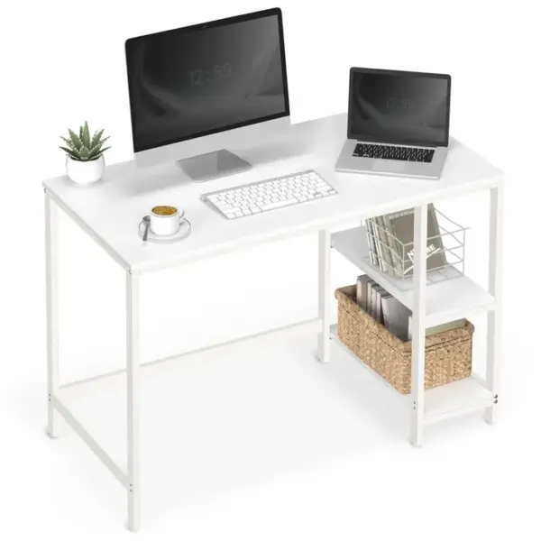 Bureau Avec Rangement, Avec 2 Étagères Réversibles, Poste De Travail, Cadre En Acier, Blanc Érable