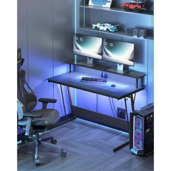 Bureau Gaming Avec LED Et Multiprise, Table Gamer, Noir Carbone