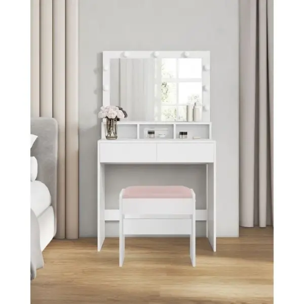 Coiffeuse Avec 2 Tiroirs, Tabouret, Blanc Et Blanc Mat-rose Bonbon