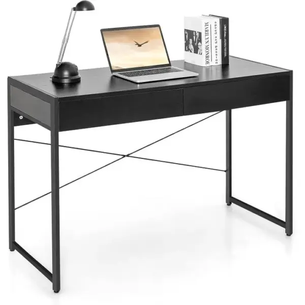 Bureau Dordinateur Avec 2 Tiroirs, Structure Solide Et Durable 112x48x76cm Noir