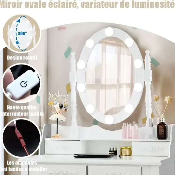 Coiffeuse Avec 10 Ampoules, Table De Maquillage Avec Tabouret, Miroir Ovale, Interrupteur