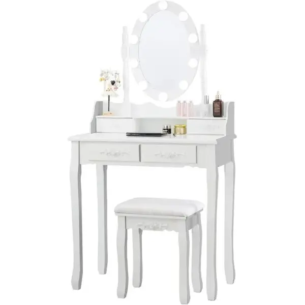 Coiffeuse Avec 10 Ampoules, Table De Maquillage Avec Tabouret, Miroir Ovale, Interrupteur