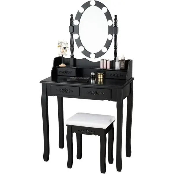 Coiffeuse Avec 10 Ampoules, Table De Maquillage Avec Tabouret, Miroir Ovale, Interrupteur