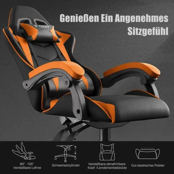 Fauteuil Gaming Ergonomique Réglable Avec Coussin Lombaire Et Appui-tête - Noir Et Orange