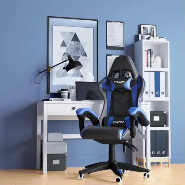 Fauteuil Gaming Ergonomique Réglable Avec Coussin Lombaire Et Appui-tête - Noir Et Bleu