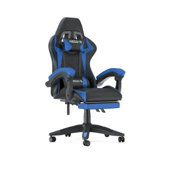 Fauteuil Gaming Ergonomique Avec Repose-pieds, Coussin Lombaire, Appui-tête, Réglable - Noir Et Bleu