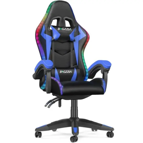 Fauteuil Gaming Ergonomique LED, Dossier Réglable, Support Lombaire Et Appui-tête - Noir Et Bleu