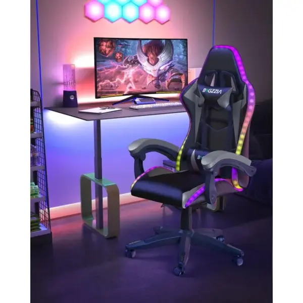 Fauteuil Gaming Ergonomique LED, Dossier Réglable, Support Lombaire Et Appui-tête - Noir Et Gris