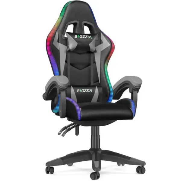 Fauteuil Gaming Ergonomique LED, Dossier Réglable, Support Lombaire Et Appui-tête - Noir Et Gris